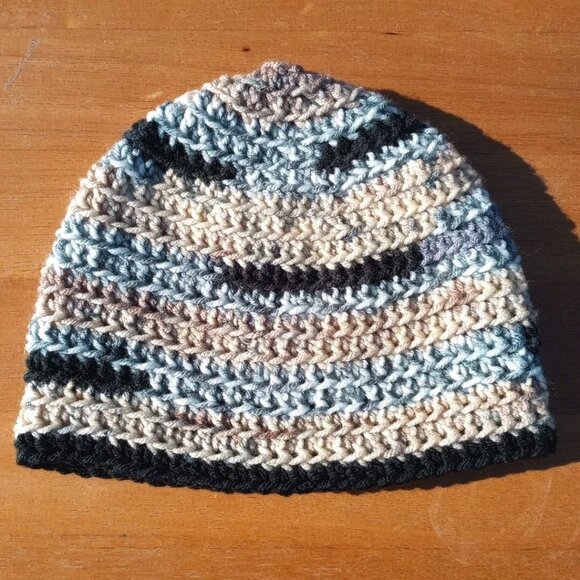 Men's Head Hugger Beanie Hat Handmade Naturals Striped Crochet Fishing Outdoor L - Picture 7 of 9